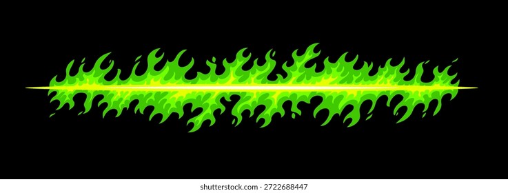 Ilustración vectorial de borde de llama verde sobre fondo negro. Color de la llama ardiente de la línea de fuego. Diseño plano del estilo de la historieta de la parte del marco del fuego para el Web, Anuncio, cartel, red