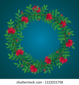 Vector illustration of green floral wreath, frame. Greeting card, wedding invitation, product design, decorative element. Garland with red flowers, flower buds, leaves, herbs arranged clockwise.