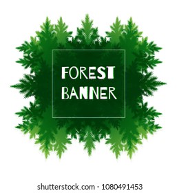 Vector illustration of green forest kaleidoscope frame with fir-tree branches silhouettes.