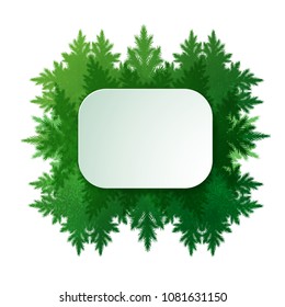 Vector illustration of green forest kaleidoscope frame with fir-tree branches silhouettes and white paper banner.