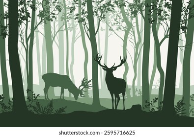 Vector illustration of green forest landscape with trees and two deer
