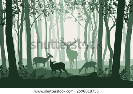 Vector illustration of green forest landscape with trees and deer