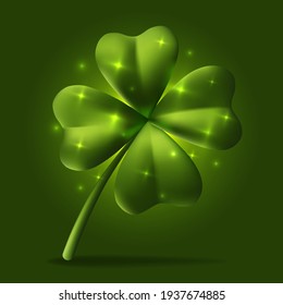 Vector illustration of green four leaf clover with shine sparkles on color background. Happy Saint Patricks Day design for greeting card, banner, poster