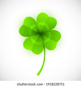 Vector Illustration of Green Four-Leaf Lucky Clover Isolated on White Background. St. Patricks Day Symbol.