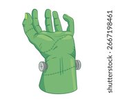 Vector illustration of a green Frankenstein monster hand with stitches and bolts. Perfect for Halloween party designs, spooky decorations, horror graphics, and scary cartoon artwork.