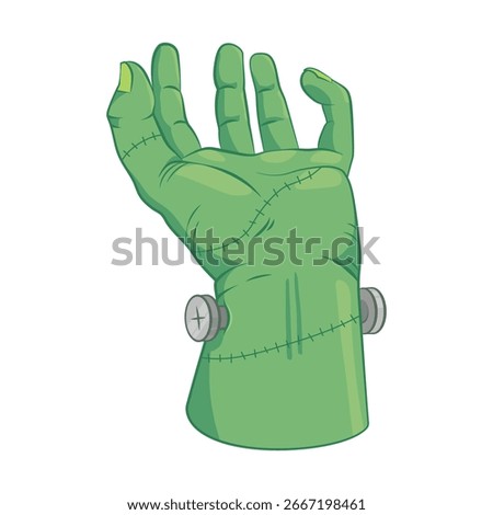 Vector illustration of a green Frankenstein monster hand with stitches and bolts. Perfect for Halloween party designs, spooky decorations, horror graphics, and scary cartoon artwork.