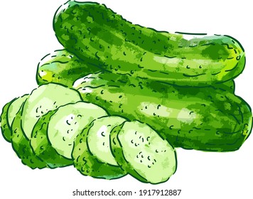 Vector illustration with green fresh cucumbers