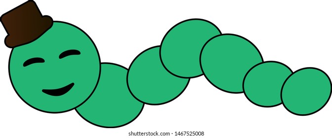 Vector illustration of green friendly worm with the hat on the head