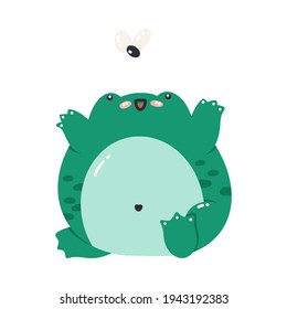 Vector illustration of a green frog catching a fly. Cute cartoon toad. Frog isolated on a white background