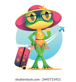 Vector illustration - green frog character wearing pink sunhat, sunglasses and orange bikini with floral print. Theme of travel, vacation, pink suitcase, tickets, plane taking off.