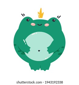 Vector illustration of a green frog with a crown. Cute cartoon frog princess. Toad isolated on a white background
