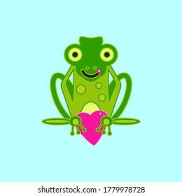 Vector illustration of a green frog with a heart in its paws. Colored background. Flat design.
