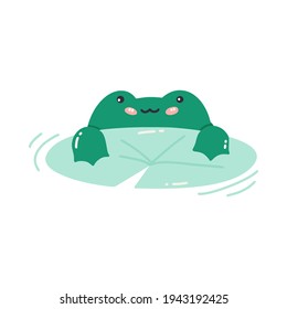 Vector illustration of a green frog on a water lily. Cute cartoon toad. Frog isolated on a white background