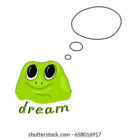 Vector illustration with green frog on white background. Cartoon template design for banner, poster, cover. Dreaming frog with space for text in word bubble