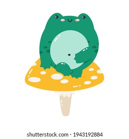 Vector illustration green frog sitting mushroom  Cute cartoon toad  Frog isolated white background