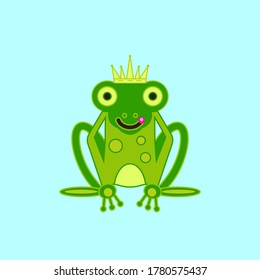 Imagen vectorial de una rana verde con una corona. Fondo de color. Diseño plano.
