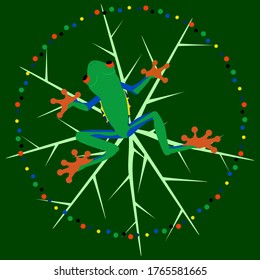 Ilustración vectorial de rana verde con fondo de hoja
