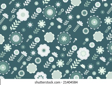 Vector illustration of green funky flowers and leaves retro pattern on green background
