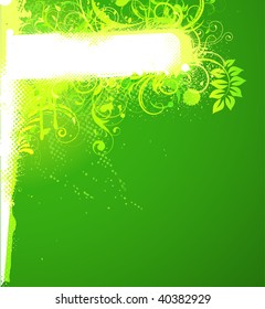 Vector illustration of green funky Grunge futuristic background with shiny floral Decorative banner