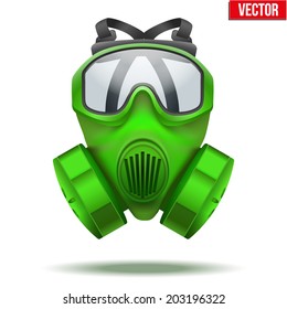 Vector Illustration of Green gas mask respirator.  Rubber rescuer symbol of defense and protect. Isolated on white background.