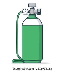 A vector illustration of a green gas tank featuring a pressure gauge and connected hose on a white background.