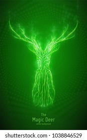 Vector illustration of green geometric deer head constructed with branching lines. Abstract vector of deer in the form of a mystic silhouette with points and lines. Wireframe concept of deer.