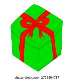 Ilustração vetorial de uma caixa de presente verde envolvida com uma fita vermelha, simbolizando celebração, feriados, surpresas e ocasiões especiais em um fundo branco limpo.