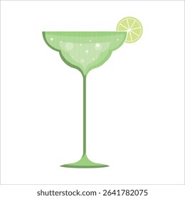 Vector illustration of a green glass on a thin stem with a slice of lemon or lime on a white background.