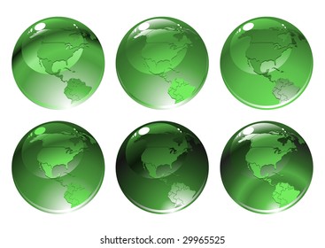 Vector Illustration of green globe icons with different countries.