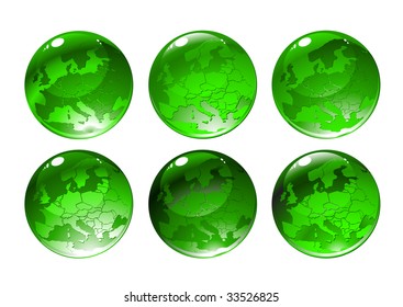Vector Illustration of green globe icons with different countries