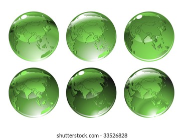 Vector Illustration of green globe icons with different countries.