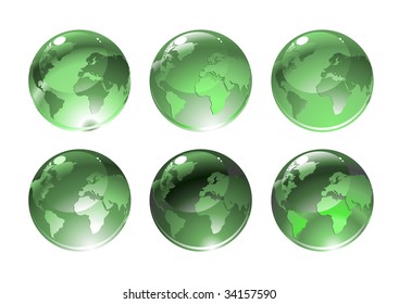 Vector Illustration of green globe icons with different continents