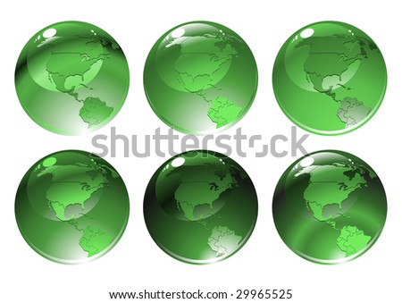 Vector Illustration of green globe icons with different countries.
