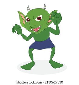 Vector illustration of a green goblin with horn