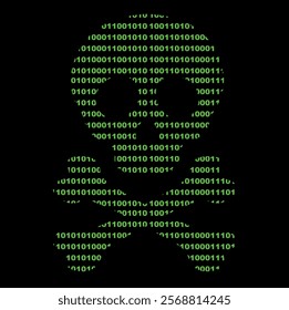 vector illustration green graphic skeleton shape of a skull with crossbones, with numbers 0 and 1 of binary system, in concept hacker and computer virus software