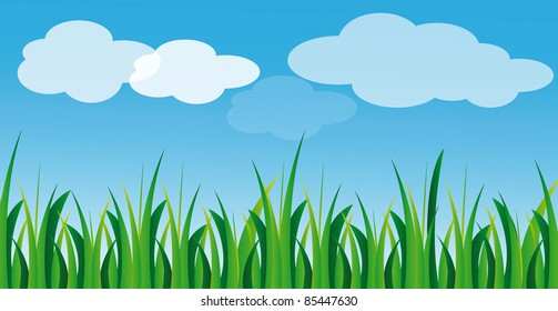 vector illustration of green gras and blue sky with white clouds in summer time