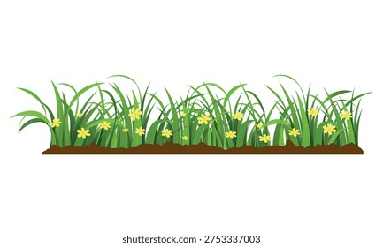 Vector Illustration of Green Grass Border with Small Yellow Flowers and Soil Base Set