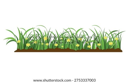 Vector Illustration of Green Grass Border with Small Yellow Flowers and Soil Base Set