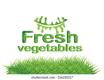 Vector illustration of green grass and element logo. Ad of fresh products. 