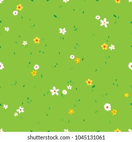 Vector illustration of a green grass field with flowers blooming