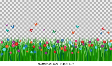 vector illustration of green grass with flowers and butterflies on plaid background