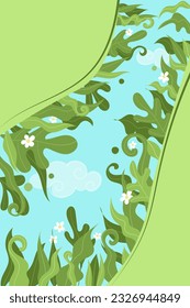 Ilustración vectorial con flores y nubes de césped verde