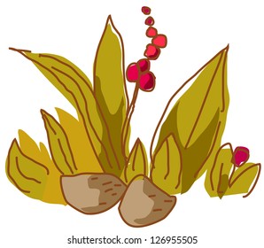 Una ilustración vectorial de la hierba verde y las rocas
