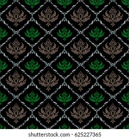 Vector illustration. Green, gray and brown vintage baroque ornament. Decorative design element filigree calligraphy. Retro seamless pattern antique style acanthus.