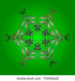 Vector illustration. Green, gray and neutral colors with snowflakes. Isolated cute snowflakes on colorful background.