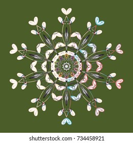 Vector illustration. Green, gray and white colors with snowflakes. Isolated cute snowflakes on colorful background.