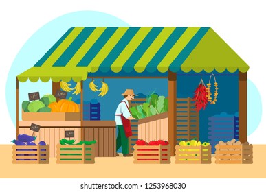 Vector illustration of green grocery market with seller. Street stall with fruits and vegetables.
