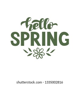 vector illustration with green hand drawn lettering phrase Hello spring