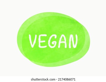 Vector illustration of a green hand drawn food label with text - vegan isolated on a white background.