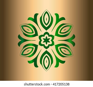 Vector Illustration. Green Hand Drawn Mandala on gold Background, Oriental Decorative Element, Vintage Style.